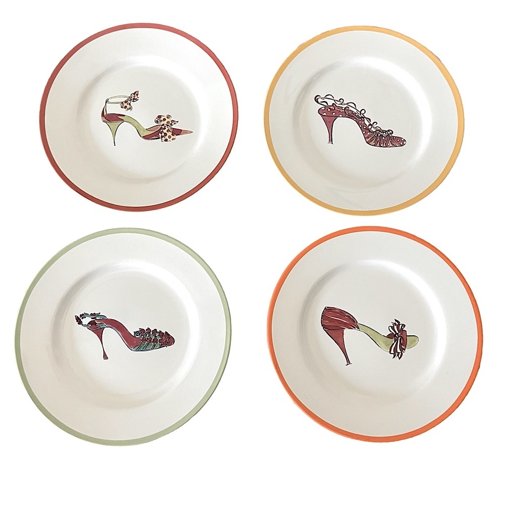ROSANNA SET 4 SHOE PATTERN SALAD APPETIZER DESSET PLATE GREEN YELLOW RED ORANGE